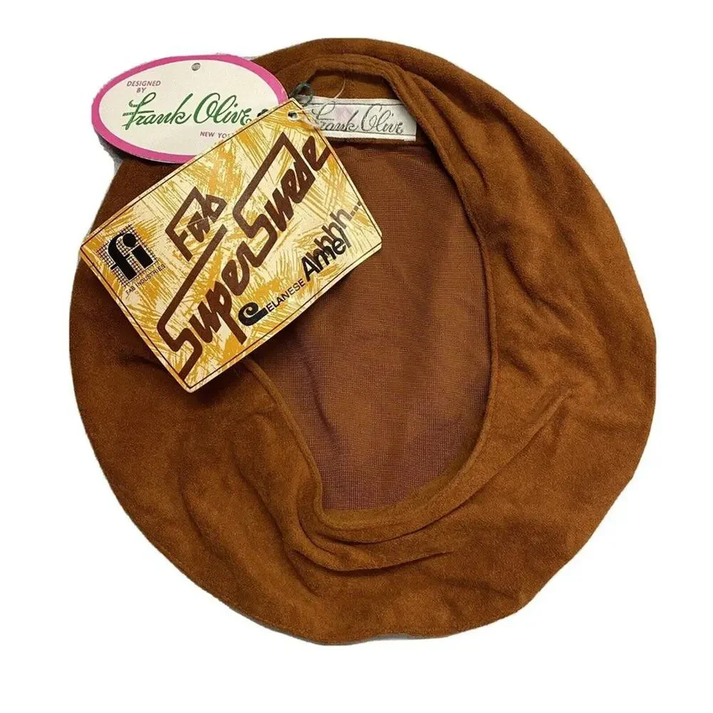 Vintage FRANK OLIVE Hat Brown Fab Super Suede Cap Arnel / Nylon NWT Deadstock